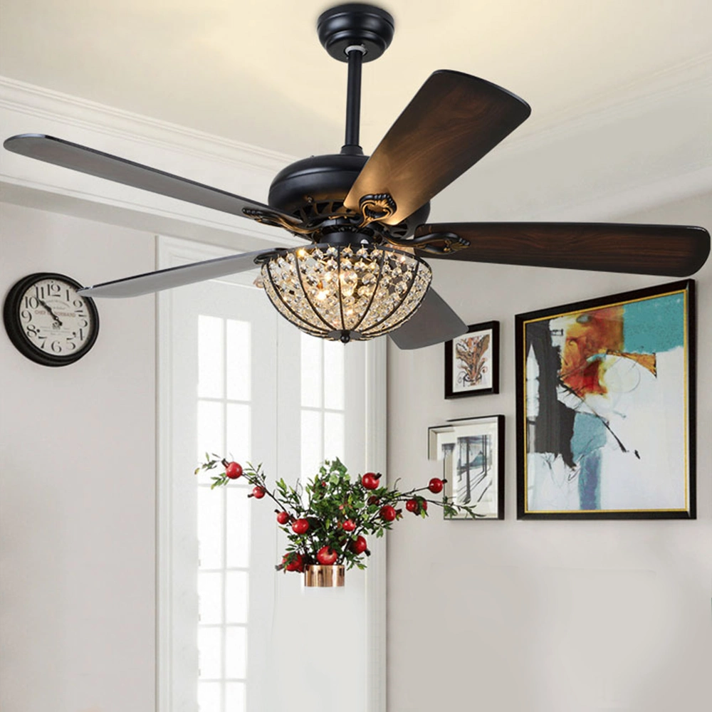 52 Inch Retro Ceiling Fan Lamp with Light 110V Remote Control 5 Light Ceiling Fan Crystal Chandelier (WH-CLL-26)