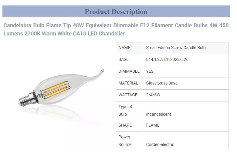 Candelabra Bulb Flame Tip 40W Equivalent Dimmable E12 Filament Candle Bulbs 4W 450 Lumens 2700K Warm White Ca10 LED Chandelier