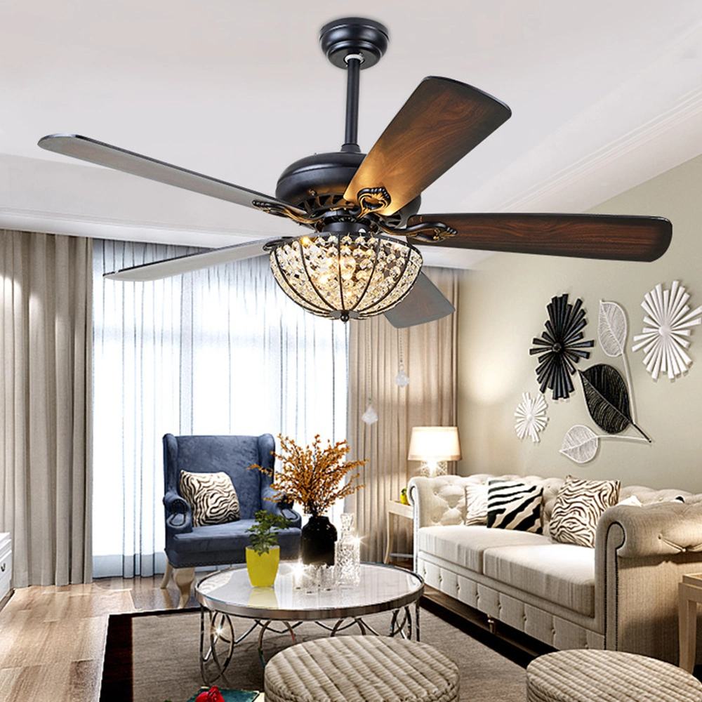 52 Inch Retro Ceiling Fan Lamp with Light 110V Remote Control 5 Light Ceiling Fan Crystal Chandelier (WH-CLL-26)